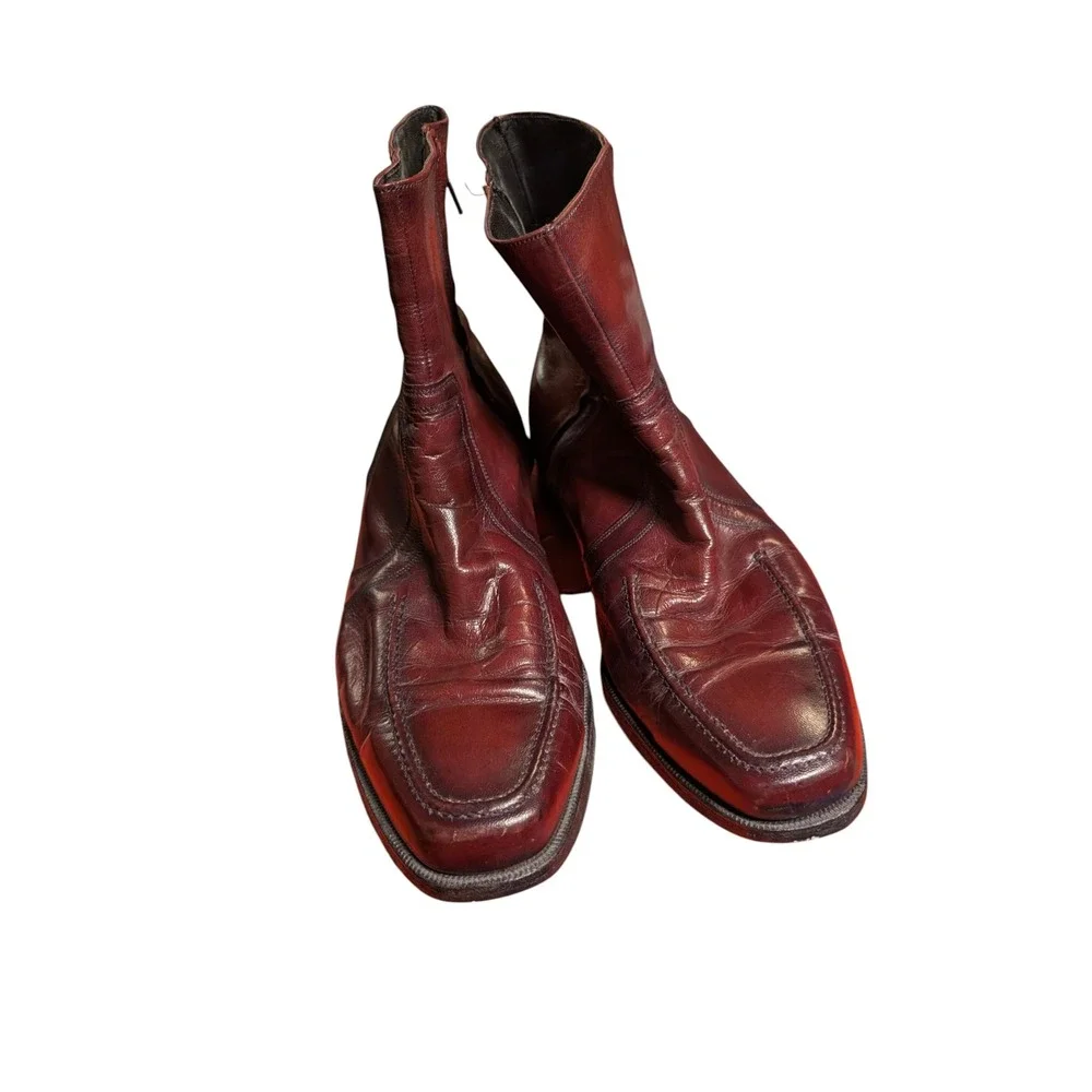 Florsheim Mens Burgundy Leather Side Zip Moc Toe Ankle Boots Vintage Style